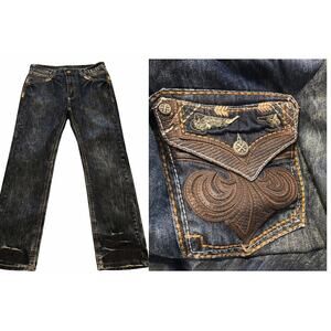 Demolition Jeans Men Distressed Straight Leg Heavy Stitch Denim Pants Embroidery